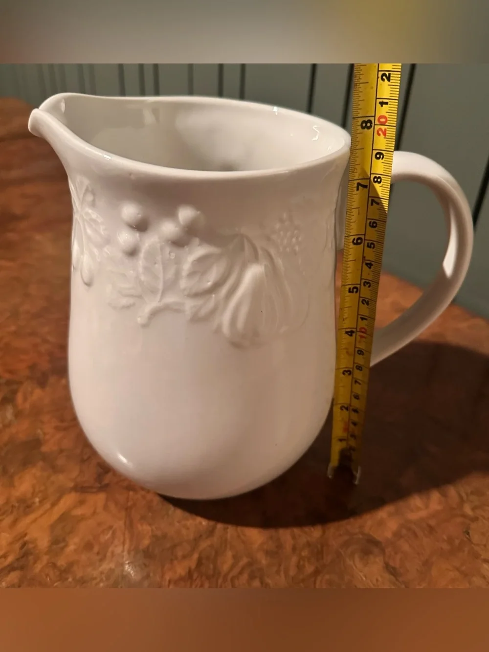 Gibson China Houseware Pitcher White Ceramic Embossed Fruit Pattern Farmhouse